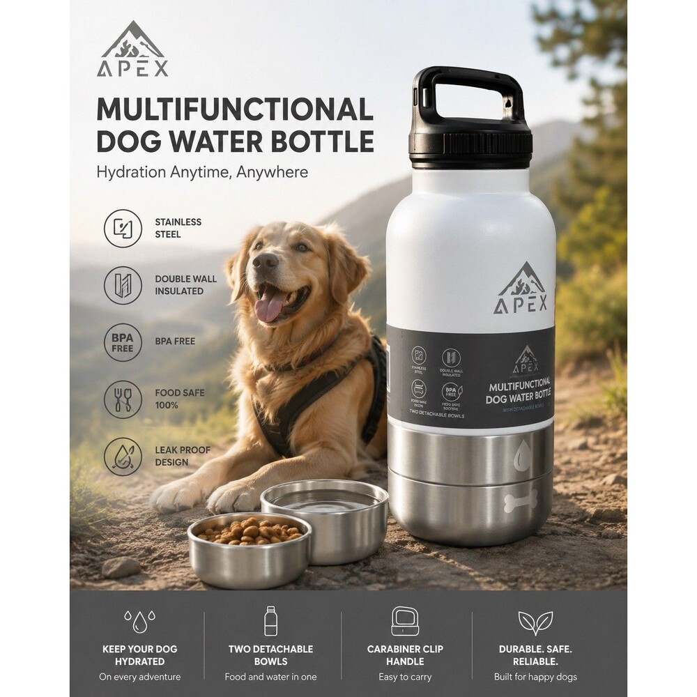 Apex Multifunctional Dogs Water Bottle With Detachable Bowls 32 Oz